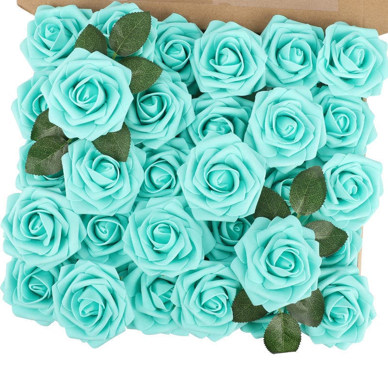 MACTING Artificial Flower Roses 30PCS Real Touch Fake Flowers with Stem Foam Roses for DIY Wedding Bouquets Table Centerpieces Party Baby Shower Home Summer Mothers Day Decoration (Mint Green) - Image 1